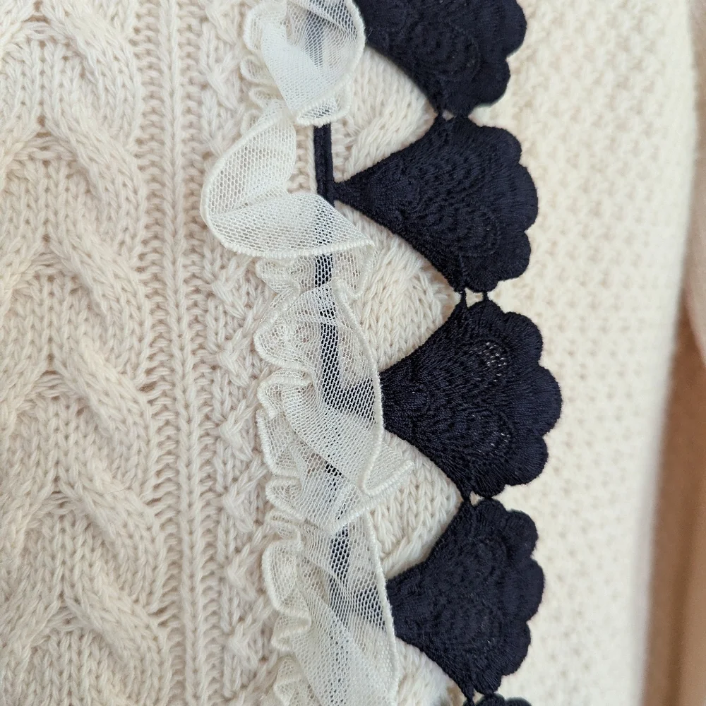 J. Crew Wool Embellished Cable Knit Turtleneck Sweater W/ Lace Detailing Ivory S - Picture 7 of 10